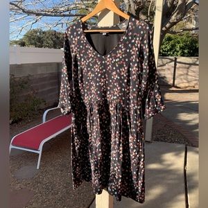 Garnet Hill Black Floral 3/4 Sleeve Pocket Dress